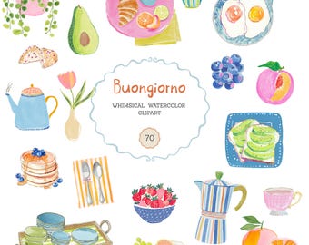 Clipart ontbijt en koffie: grillige aquarel eten brunch moderne graphics (PNG, commercieel gebruik)
