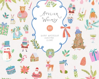Puede incluir: Una colección de ilustraciones navideñas en acuarela que incluyen a Santa Claus, osos, un muñeco de nieve, renos, regalos y follaje. El marco azul central contiene el texto Atelier Whimsy 100 Quirky Watercolor Christmas Clipart.
