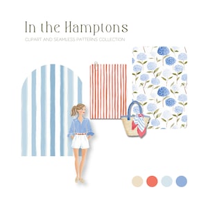 Puede incluir: Ilustraci&oacute;n con una mujer con camisa azul y pantalones cortos blancos, un patr&oacute;n de rayas rojas y blancas, un arco de rayas azules y blancas y un patr&oacute;n floral con flores azules. Un bolso de mano de paja con asa azul y bufanda. Texto: "In the Hamptons".