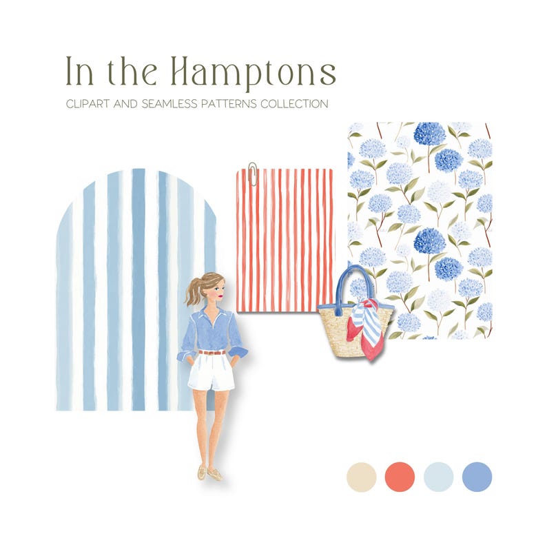 Puede incluir: Ilustraci&oacute;n con una mujer con camisa azul y pantalones cortos blancos, un patr&oacute;n de rayas rojas y blancas, un arco de rayas azules y blancas y un patr&oacute;n floral con flores azules. Un bolso de mano de paja con asa azul y bufanda. Texto: "In the Hamptons".