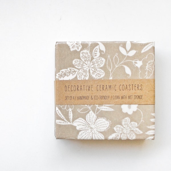 Ceramic coasters, Delicate Flowers White on Tan / Oatmeal, set of 4