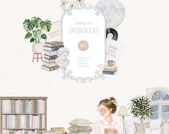Being an Introvert Clipart, Digital Journal Planner Stickers Book Lover PNG, Vintage Books Cozy Library Commercial Use