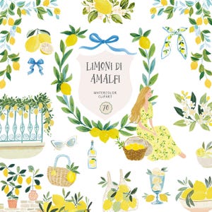 May include: Watercolor clipart featuring lemons, greenery, and the text "Limonidi di Amalfi." The image includes a woman in a yellow dress, a basket of lemons, sunglasses, and a bottle of lemonade. The overall theme is a sunny, Italian summer.