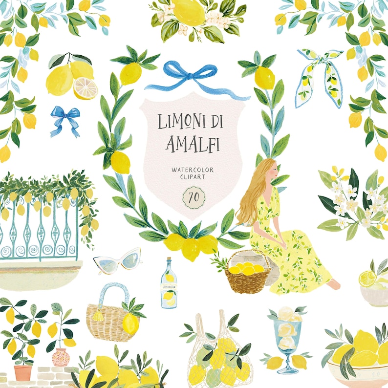 May include: Watercolor clipart featuring lemons, greenery, and the text "Limonidi di Amalfi." The image includes a woman in a yellow dress, a basket of lemons, sunglasses, and a bottle of lemonade. The overall theme is a sunny, Italian summer.