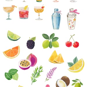 Op de afbeelding: Waterverfillustratie van cocktails, fruit en garnering. De afbeelding bevat verschillende cocktailglazen, een cocktailshaker, limoen, sinaasappel, braambes, passievrucht, citroen, munt, rozemarijn, lavendel, kokosnoot, aardbei, olijven en sinaasappelschil.