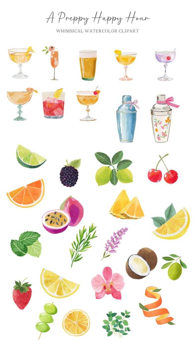 Op de afbeelding: Waterverfillustratie van cocktails, fruit en garnering. De afbeelding bevat verschillende cocktailglazen, een cocktailshaker, limoen, sinaasappel, braambes, passievrucht, citroen, munt, rozemarijn, lavendel, kokosnoot, aardbei, olijven en sinaasappelschil.