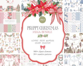 Christmas Clipart Bundle, Watercolor Preppy Vintage Grandmillennial Holiday Graphics, Frames Bows Seamless Patterns, Commercial License