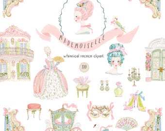 Pode incluir: Ilustração em aquarela com elementos da época rococó. Inclui uma mulher com um vestido rosa, uma carruagem, um cisne, uma máscara e detalhes arquitetônicos. O texto "Mademoiselle" e "whimsical rococo clipart" também estão presentes.