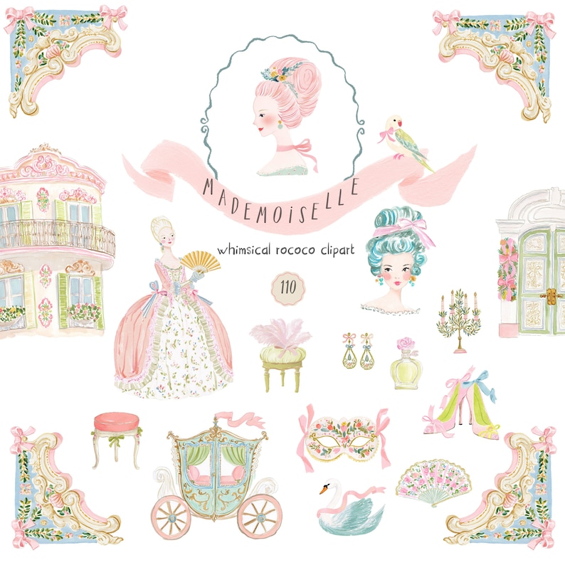 May include: Watercolor illustration featuring Rococo-era elements. Includes a woman in a pink gown, a carriage, a swan, a mask, and architectural details. The text "Mademoiselle" and "whimsical rococo clipart" are also present.