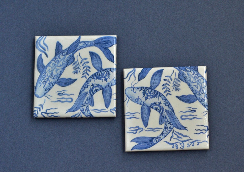 Koi Coasters Japandi Traditional Japanese Fish Illustrated Set Blue Ceramic Best Hostess Housewarming Handmade Gift Zen Asian Stylish image 3