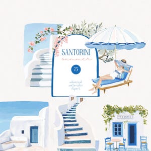 Può includere: Clipart ad acquerello con tema Santorini estate. L'immagine include illustrazioni di edifici bianchi con dettagli blu, scale, una persona che si rilassa su una sedia a sdraio sotto un ombrellone e il testo "SANTORINI summer".