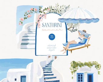 Santorini Summer Clipart Mediterranean Greek Island Coastal Wedding Blue White Summer PNG