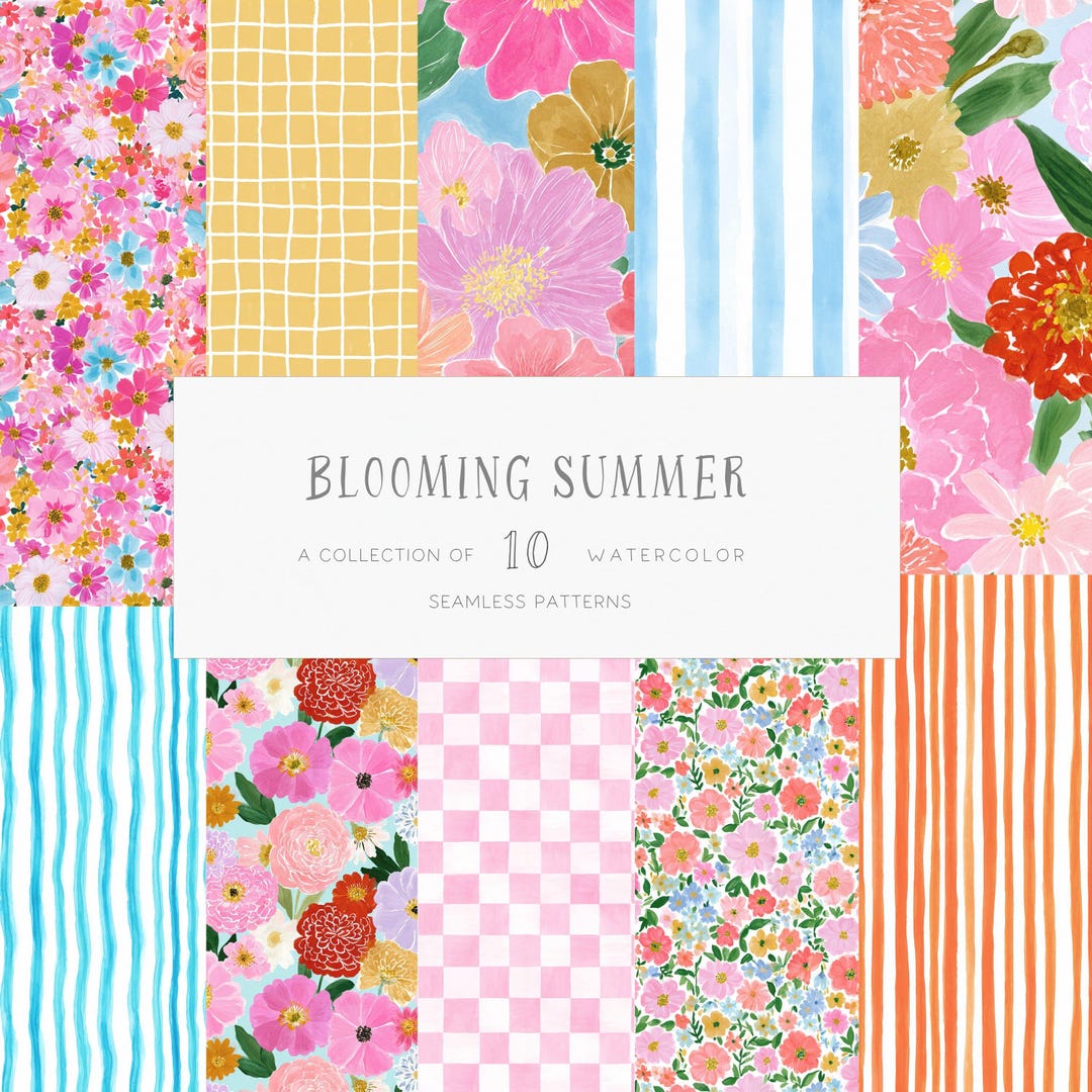 Preppy Summer Seamless Patterns, Floral Digital Paper, Retro Summer ...