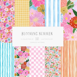 Peut inclure: Une collection de dix motifs sans couture à l'aquarelle. Les motifs comprennent des motifs floraux, des rayures et un motif quadrillé dans des tons de rose, de bleu, de jaune et d'orange. Le texte "Blooming Summer" est affiché.