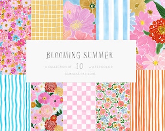 Preppy Summer Seamless Patterns, Floral Digital Paper, Retro Summer Whimsical Beach Coastal Tropical Colorful Backgrounds