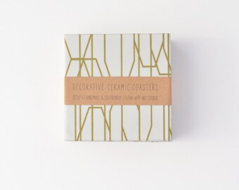 Gold Lines on White Minimal Simple Geometric Repurposed Tiles Ceramic Coasters