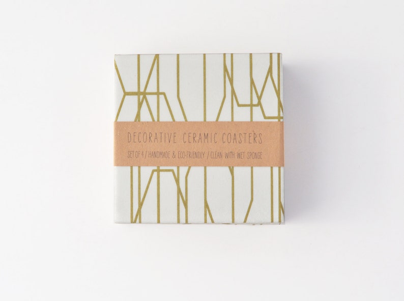Gold Lines on White Minimal Simple Geometric Repurposed Tiles Ceramic Coasters image 1