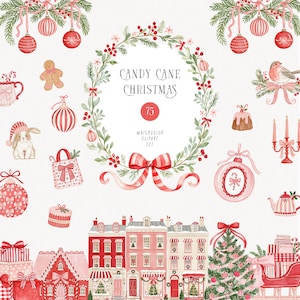 Puede incluir: Un conjunto de ilustraciones en acuarela titulado Candy Cane Christmas que presenta una corona central con bayas rojas y un lazo a rayas, rodeado de elementos festivos como pan de jengibre, adornos, un conejo, casas y un árbol.
