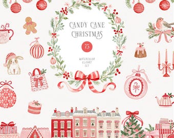 Pink Christmas Clipart, Watercolor Whimsical Preppy Candy Cane PNG, Modern Trendy Winter Graphics, Commercial License, Digital Download
