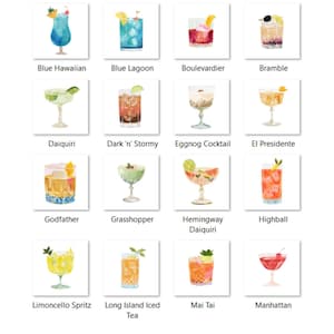 Op de afbeelding: Waterverfillustraties van klassieke cocktails, waaronder Americano, Angel Face en Aviation. De afbeelding toont 18 verschillende cocktailrecepten, elk met hun naam, ideaal voor een bar of huisdecoratie. Tekst: "all the drink files are named for easy use."