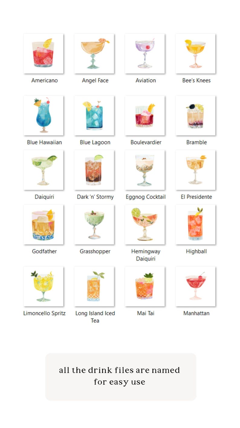 Op de afbeelding: Waterverfillustraties van klassieke cocktails, waaronder Americano, Angel Face en Aviation. De afbeelding toont 18 verschillende cocktailrecepten, elk met hun naam, ideaal voor een bar of huisdecoratie. Tekst: "all the drink files are named for easy use."