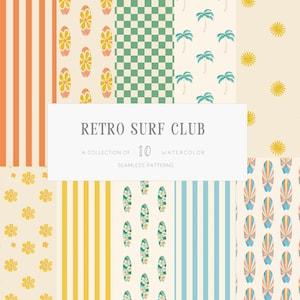 Puede incluir: Una colección de diez patrones sin costuras de acuarela con un tema de surf retro. Los patrones incluyen tablas de surf, palmeras, flores, rayas y diseños a cuadros en tonos naranja, amarillo, verde y azul.