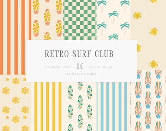 Retro Surf Seamless Patterns, 70s Preppy Beach, Coastal Digital Paper, Whimsical Summer, Checkerboard Retro Stripe Backgrounds