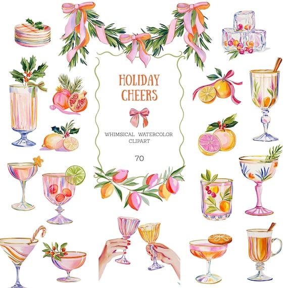 Christmas Cocktails Clipart Preppy Colorful Whimsical Watercolor Festive Holiday Drinks  (PNG, Commercial Use)