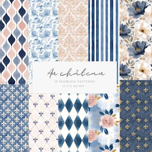 May include: A collection of ten seamless patterns, each 12 x 12 inches, featuring various designs. Patterns include floral, geometric, and striped motifs in shades of blue, pink, and gold. The text "Au château" is displayed on a white rectangle.