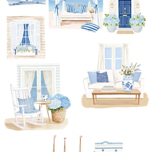 Puede incluir: Clipart de acuarela con escenas costeras. Incluye un faro, una caba&ntilde;a de playa, una ventana con contraventanas, una puerta azul, una sala de estar, una mecedora, veleros y una tienda junto al mar. La paleta de colores es principalmente azul y blanco.