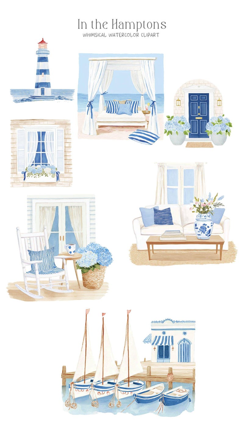 Puede incluir: Clipart de acuarela con escenas costeras. Incluye un faro, una caba&ntilde;a de playa, una ventana con contraventanas, una puerta azul, una sala de estar, una mecedora, veleros y una tienda junto al mar. La paleta de colores es principalmente azul y blanco.