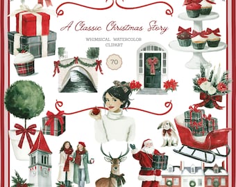 Classic Christmas Clipart: Red Green Plaid Whimsical Watercolor Elegant Holiday Graphics (PNG, Commercial Use)