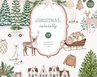 Watercolor Christmas Clipart, Neutral Natural Scandinavian Cottage Green Winter Trees Graphics PNG,  Commercial License, Digital Download