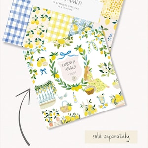 May include: A set of watercolor paper packs featuring lemon-themed designs. The top pack includes 10 seamless patterns, each 12 x 12 inches. The designs include lemons, floral patterns, and blue and yellow gingham. The bottom pack features watercolor clip art.