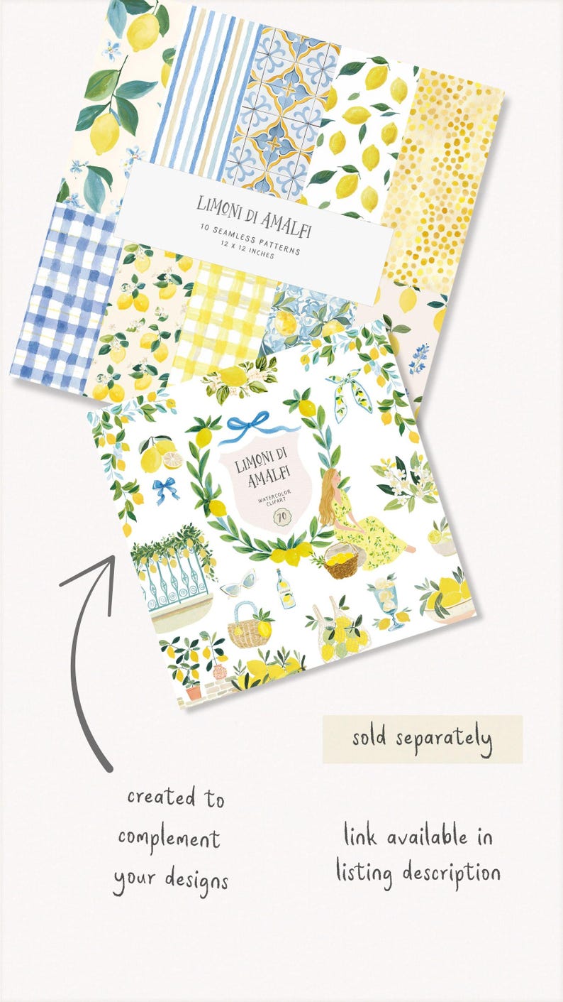 May include: A set of watercolor paper packs featuring lemon-themed designs. The top pack includes 10 seamless patterns, each 12 x 12 inches. The designs include lemons, floral patterns, and blue and yellow gingham. The bottom pack features watercolor clip art.