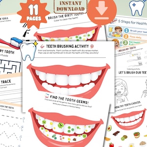 May include: Educational printable pages for kids about dental hygiene. Includes activities like matching tools, mazes, tracing, and brushing teeth. Features colorful illustrations of teeth, toothbrushes, and healthy food choices. The text includes "Instant Download" and "11 Pages".