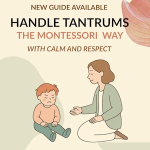 Puede incluir: Ilustración de un niño y un adulto interactuando. El texto dice: "NUEVA GUÍA DISPONIBLE MANEJAR RABIAS LA MANERA MONTESSORI CON CALMA Y RESPETO". El niño está sentado con expresión triste, y el adulto está arrodillado.