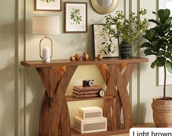 Rustic Wooden Console Table, 55 Inch X Leg Sofa Table, 2 Tier Entryway Shelf