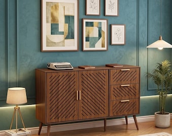 Mid-Century Sideboard Buffet Cabinet with 3 Drawers | Wooden Living Room Organizer