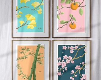 Japanese Botanical Prints: Sakura, Bamboo, Ginkgo Art (Digital Download)