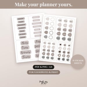 Könnte beinhalten: Zwei Stickerbögen für Planer in neutralen Farbtönen mit Wochentagen, Aufgabenlisten, Arbeitsbeschriftungen und verschiedenen Symbolen. Der Text enthält "Make your planner yours," "PDF & PNG A4," "FOR GOODNOTES & PRINT" und "4 STICKER SHEETS."