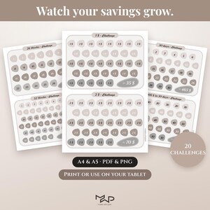 Könnte beinhalten: Ein Set aus druckbaren Spar-Challenge-Trackern mit beigen und grauen kieselsteinförmigen Symbolen und Zahlenwerten. Der Text umfasst "Watch your savings grow," "1$ - Challenge," "2$ - Challenge," "26 Weeks - Challenge," "52 Weeks - Challenge," "30 days - Challenge," und "20 CHALLENGES."