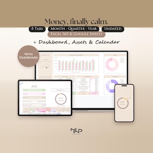 Könnte beinhalten: Ein digitaler Budgetplaner auf einem Laptop, Tablet und Smartphone. Die Benutzeroberfläche zeigt Diagramme, Einnahmen- und Ausgabenverfolger sowie einen Kalender. Der Text umfasst Money, finally calm, 8 Tabs, Month, Quarter, Year, Undated, Excel 365 & Google Sheets, + Dashboard, Assets & Calendar, With Dashboard, 2025, Income & Expenses, Debt, Savings und Budget.
