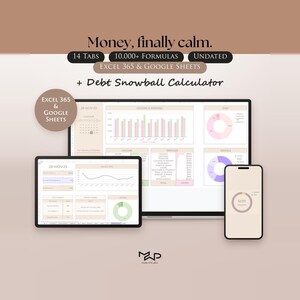 Könnte beinhalten: Ein digitaler Finanzplaner für Excel 365 und Google Sheets mit 14 Registerkarten und über 10.000 Formeln. Die Anzeige zeigt einen Schuldenrechner, Einnahmen- und Ausgabendiagramme sowie Sparübersichten auf Laptop, Tablet und Smartphone.