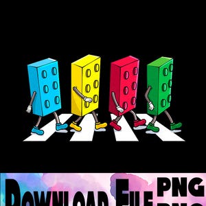 May include: A cartoon illustration of four colorful toy blocks walking across a crosswalk. The blocks are blue, yellow, red, and green, each with arms, legs, and shoes. The image has the text "DOWNLOAD FILE PNG PNG" at the bottom.