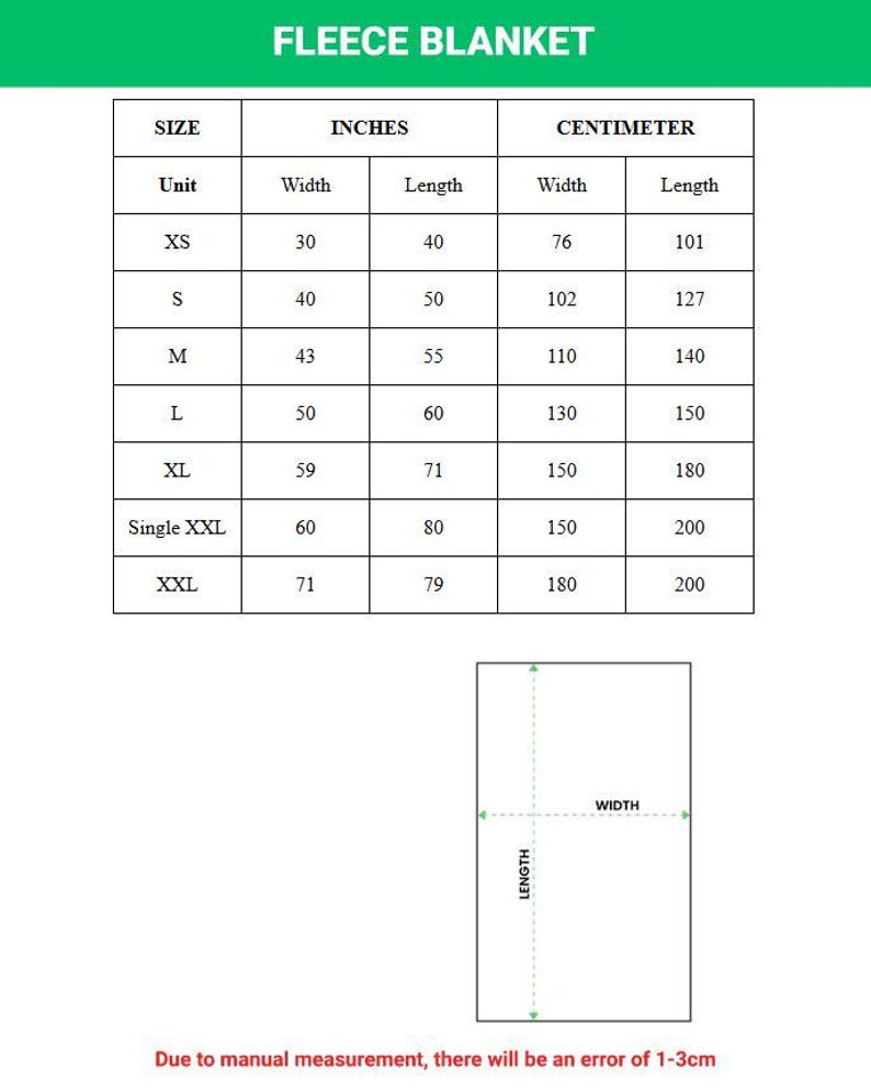 May include: A chart detailing fleece blanket sizes in inches and centimeters. Sizes range from XS to XXL, with widths from 30 to 71 inches (76 to 180 cm) and lengths from 40 to 79 inches (101 to 200 cm). The text "FLEECE BLANKET" is at the top.