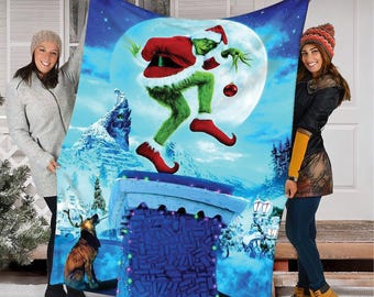 Personalized Grinch Custom Name Blanket, Funny Christmas Cozy Throw for Family Decor