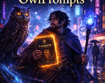 May include: Digital art featuring a man in a dark cloak holding a glowing book with an owl illustration. A large owl with orange eyes sits beside him. The image has the text "OwlPrompts" at the top, with a cityscape background.