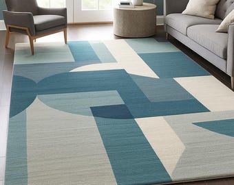 Hand Tufted Wool Rug, Blue Geometric Area Carpet
