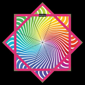 Puede incluir: Una pieza de tela cuadrada con un vibrante patrón de espiral arcoíris que irradia desde el centro. El diseño está enmarcado por un borde rosa brillante con costuras verdes. Una pequeña etiqueta negra con el texto blanco FOREVERFLOW.CO está en la parte superior.